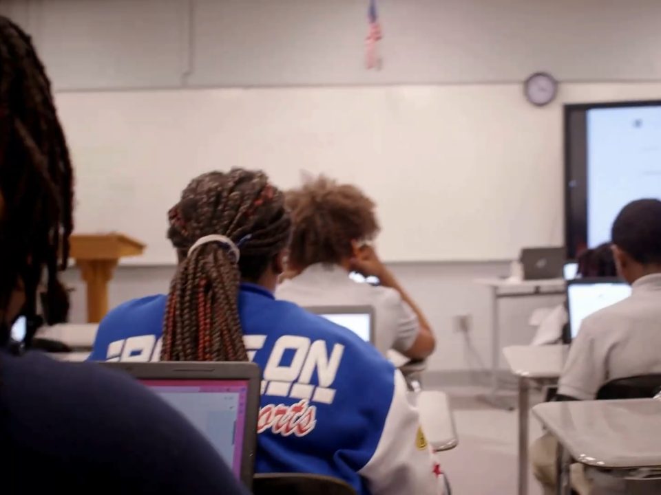 High school students work on laptops during a live virtual class in Allendale County, as in online credit recovery.