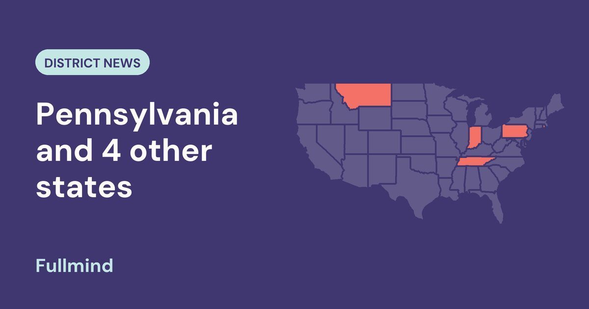 Map of the United States highlighting Pennsylvania, Montana, Indiana, Rhode Island and Tennessee