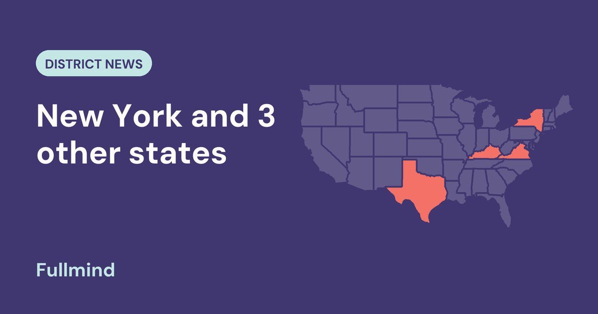 Map of the United States highlighting New York, Kentucky, Texas and Virginia