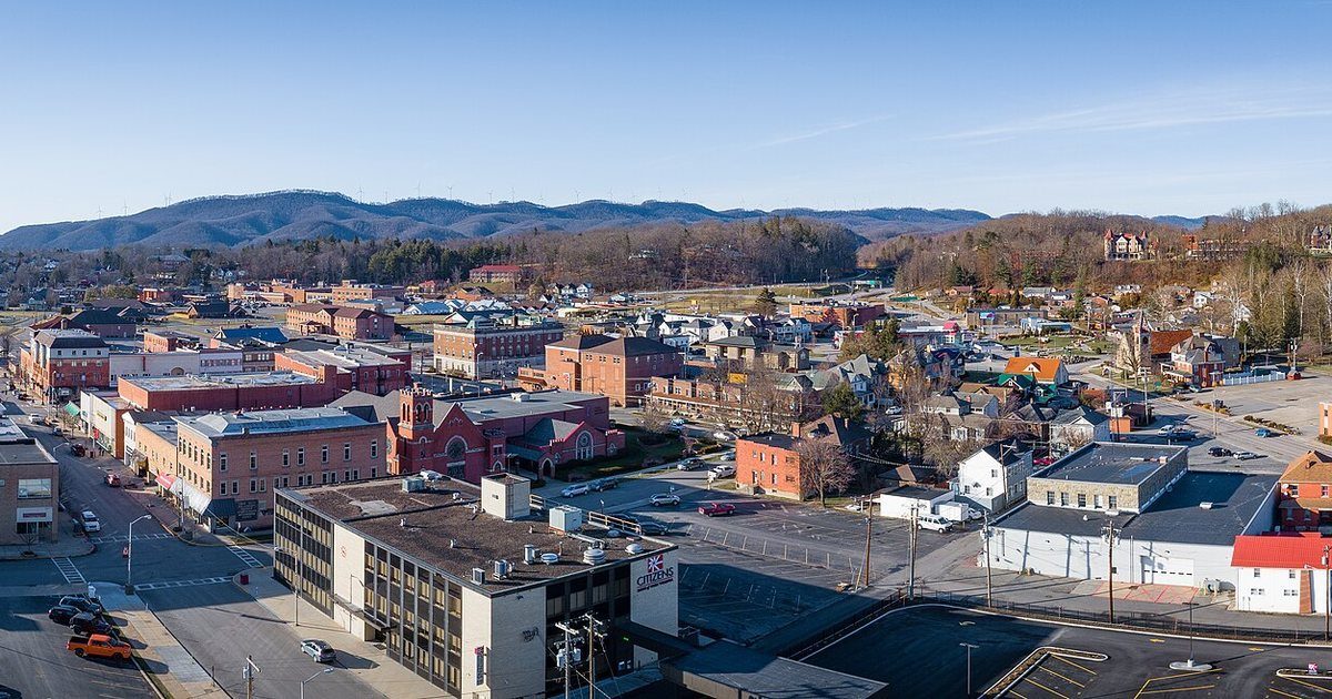 Aerial view of downtown Elkins in Randolph County, West Virginia